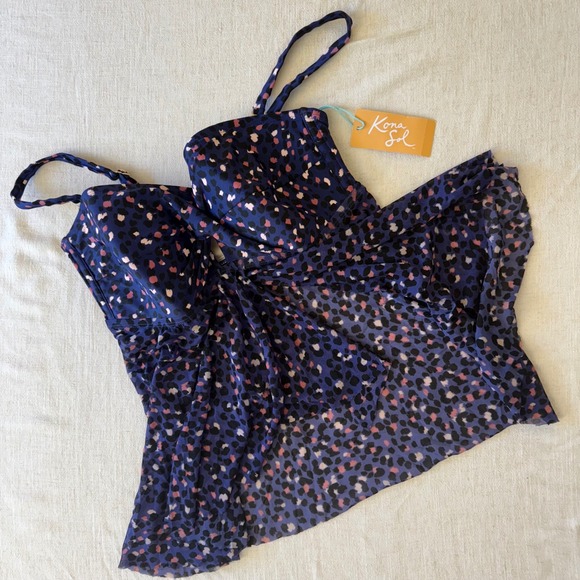 Kona Sol Other - Kona Sol Womens Blue Leopard Print Flyaway Tankini Swim Top Small NWT